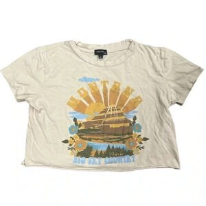 Originality Womens Medium Crop Top‎ Graphic Montana Big Sky Country Cream Yellow